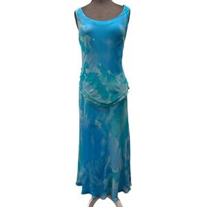 Silk 90s Blue Watercolor Abstract Print Maxi Dress Set Sleeveless Scoop Neck Top